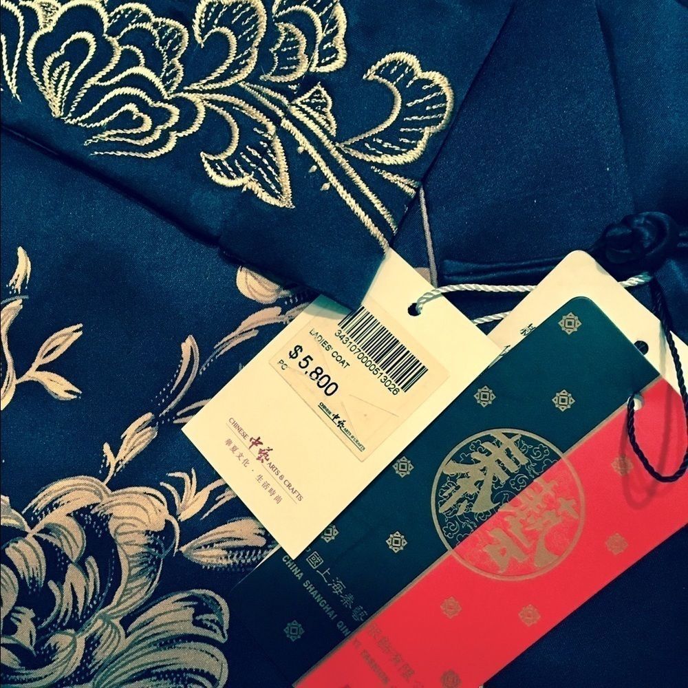 Silk Coat One of a Kind Original Qinyi Shanghai Fashion Show Navy Gold Womens XL - Picture 5 of 8